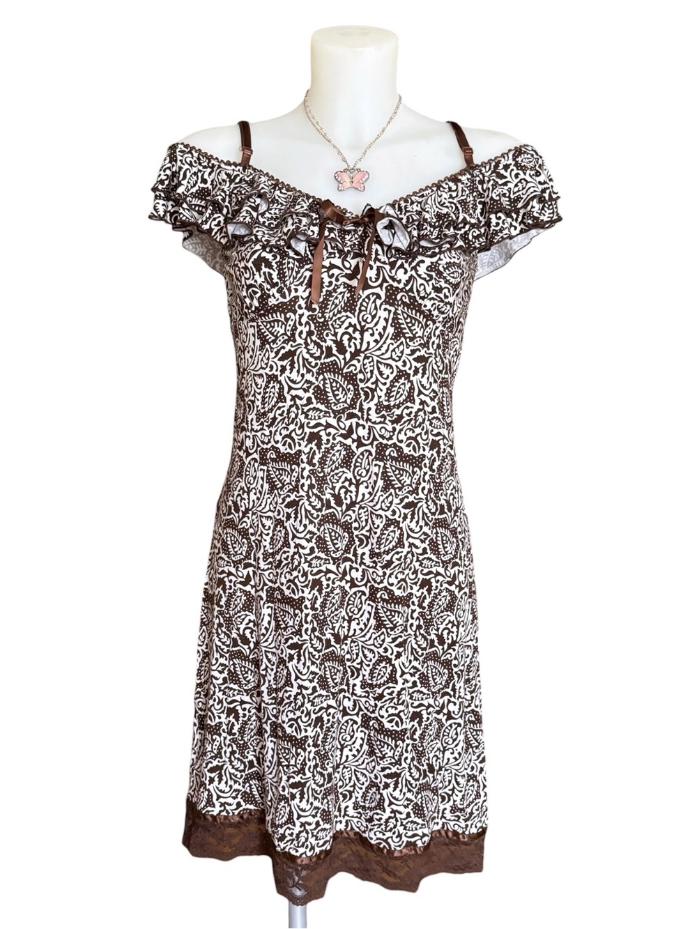 Vintage Off-Shoulder Brown Lace Trim Floral Mini Dress Size 6